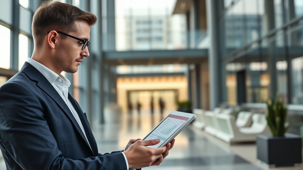 Energy auditor reviewing building performance data on tablet in modern office lobby, professional attire, contemporary architecture background, morning natural light