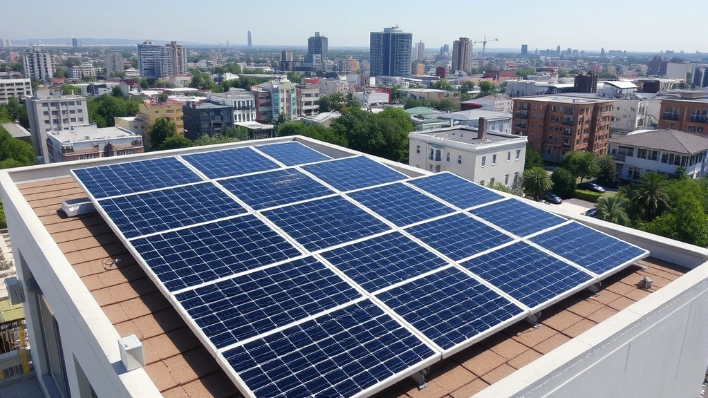 Building rooftop with solar panels installed, urban skyline visible in distance, clear day, professional installation quality, no text or signage visible