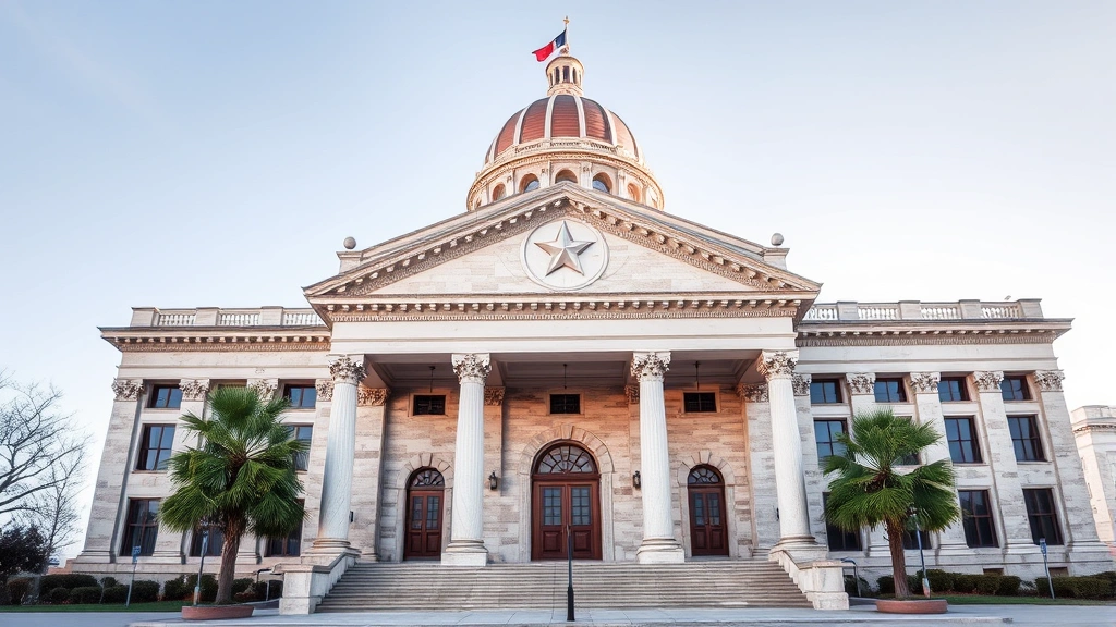 Professional Texas state capitol building exterior with classical architecture, marble columns, and Lone Star symbol, professional photograph, daylight, no people visible