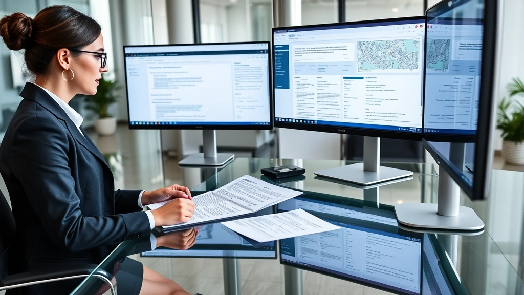 Professional female lawyer in business suit reviewing contract documents at modern glass desk with multiple monitors displaying legal research software in contemporary office setting