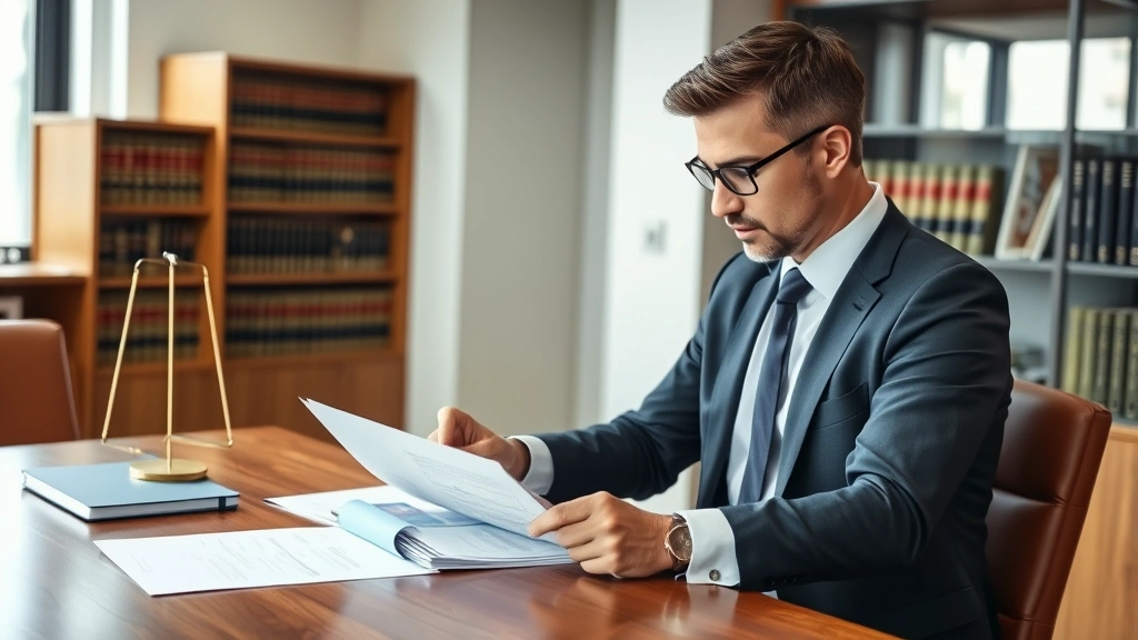 Professional lawyer in formal business attire reviewing legal documents at wooden desk in modern law office with law books visible in background, natural lighting from window