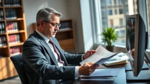 Professional debt collection attorney in modern law office reviewing financial documents and collection case files at desk with computer, wearing business attire, serious focused expression, natural office lighting