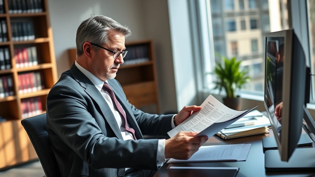Professional debt collection attorney in modern law office reviewing financial documents and collection case files at desk with computer, wearing business attire, serious focused expression, natural office lighting