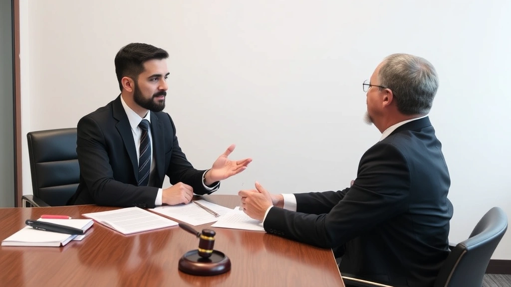 Legal consultation meeting between attorney and client in professional conference room discussing debt collection lawsuit, both seated at table with documents, neutral background, professional business environment