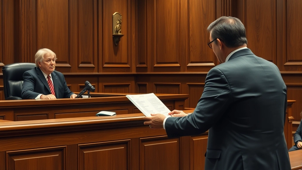 Courtroom scene showing judge at bench with lawyer presenting debt collection case, formal legal setting with wood paneling, professional legal attire, serious judicial atmosphere
