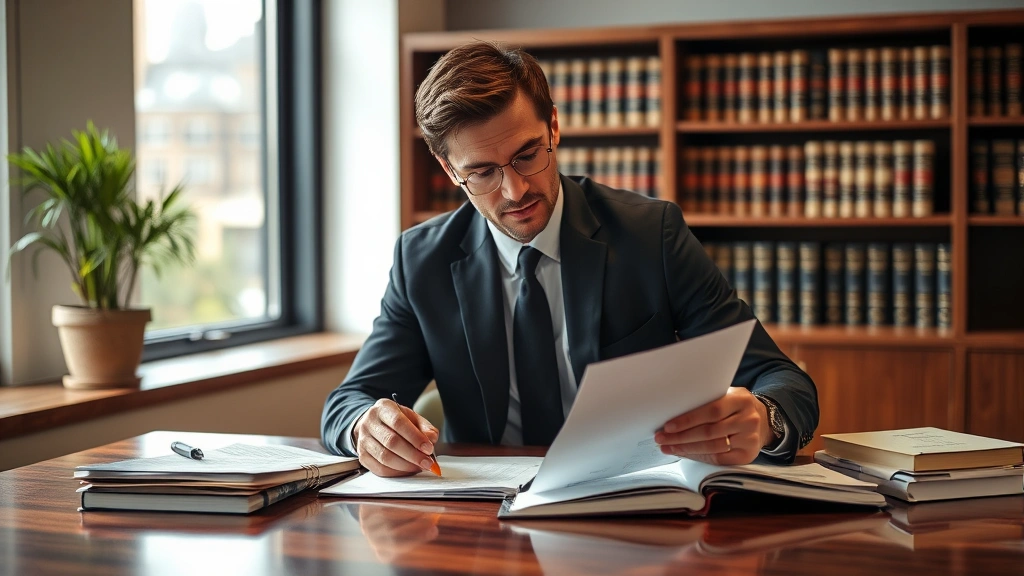 Professional male attorney in dark suit reviewing legal documents at wooden desk with law books in background, serious focused expression, modern office setting with natural lighting