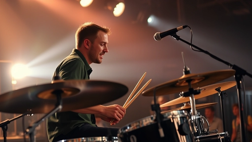 Professional drummer performing at concert venue with stage lighting, captured from side angle showing focused expression and drumming technique, professional studio photography