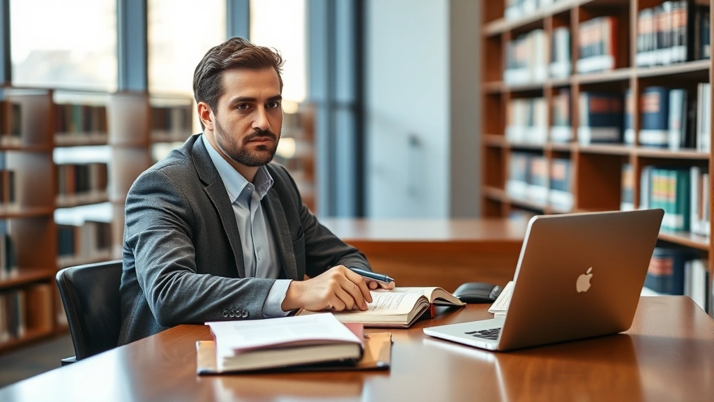 Professional law student studying at modern library desk with legal textbooks and laptop, serious focused expression, natural window lighting, Sacramento campus setting