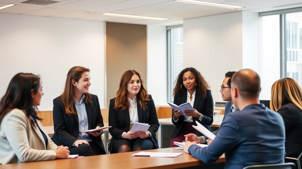 Diverse group of law students in professional attire discussing case law in modern law school classroom, collaborative learning environment, natural discussion engaged
