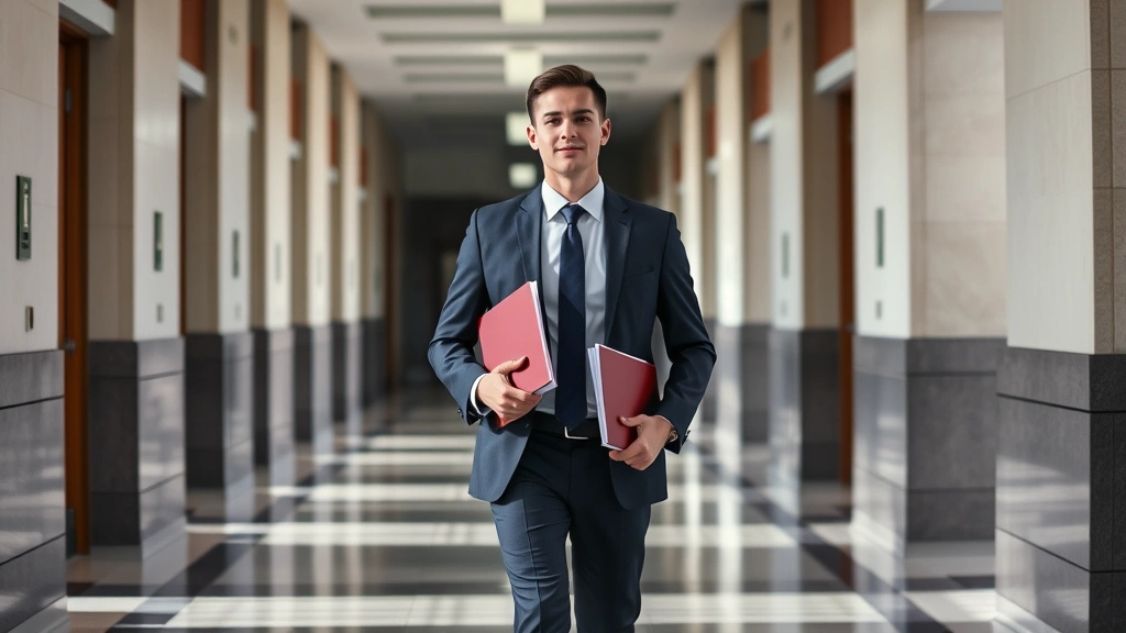 Young attorney in business suit walking through government building hallway carrying legal documents, confident professional demeanor, natural lighting, modern architecture