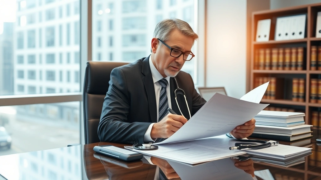 Professional medical malpractice attorney in modern law office reviewing patient medical records and case files at desk with stethoscope and documents