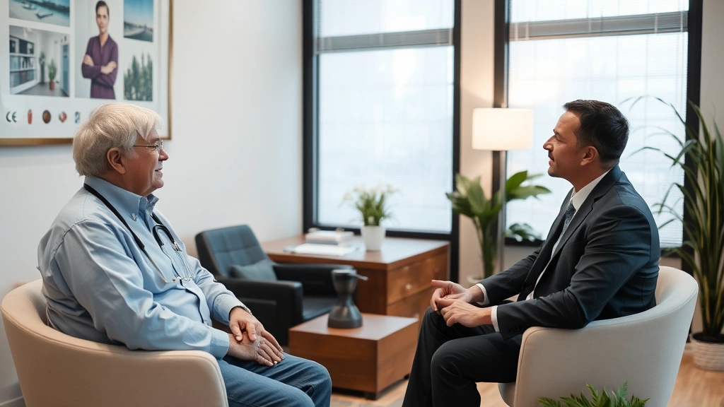 Healthcare patient meeting with experienced attorney in consultation room discussing medical injury claim and legal options for compensation recovery