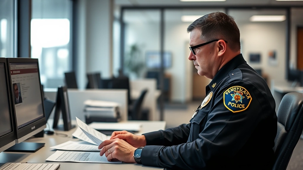 Professional photograph of a Pennsylvania State Police trooper at a desk reviewing registration documents and computer database records, serious professional demeanor, modern police station interior, natural lighting from office windows
