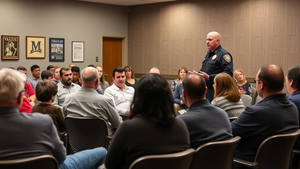 Photograph of a community safety meeting or notification session with law enforcement officer presenting information to residents in a town hall setting, diverse community members seated and attentive, professional atmosphere