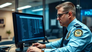 Professional law enforcement officer reviewing sex offender registry database on computer in modern police station office, serious focused expression, official government building interior