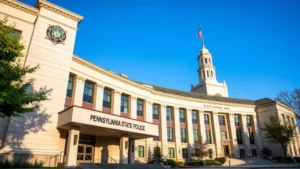 Professional photograph of Pennsylvania State Police headquarters building exterior, official state building architecture, daytime lighting, clear blue sky, professional governmental setting, no text visible