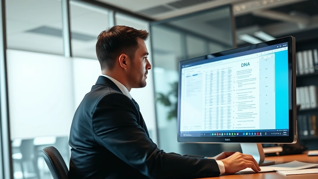Professional male lawyer in dark suit examining DNA test results on computer screen in modern law office, focused expression, natural lighting, documents on desk