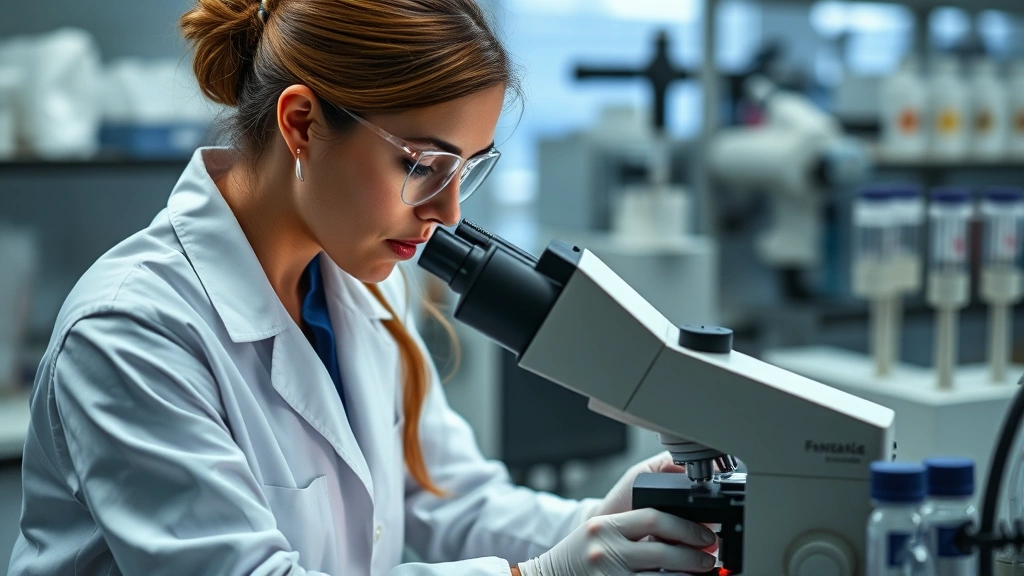 Female forensic scientist in white lab coat analyzing DNA samples under microscope with professional laboratory equipment visible in background, concentrated demeanor