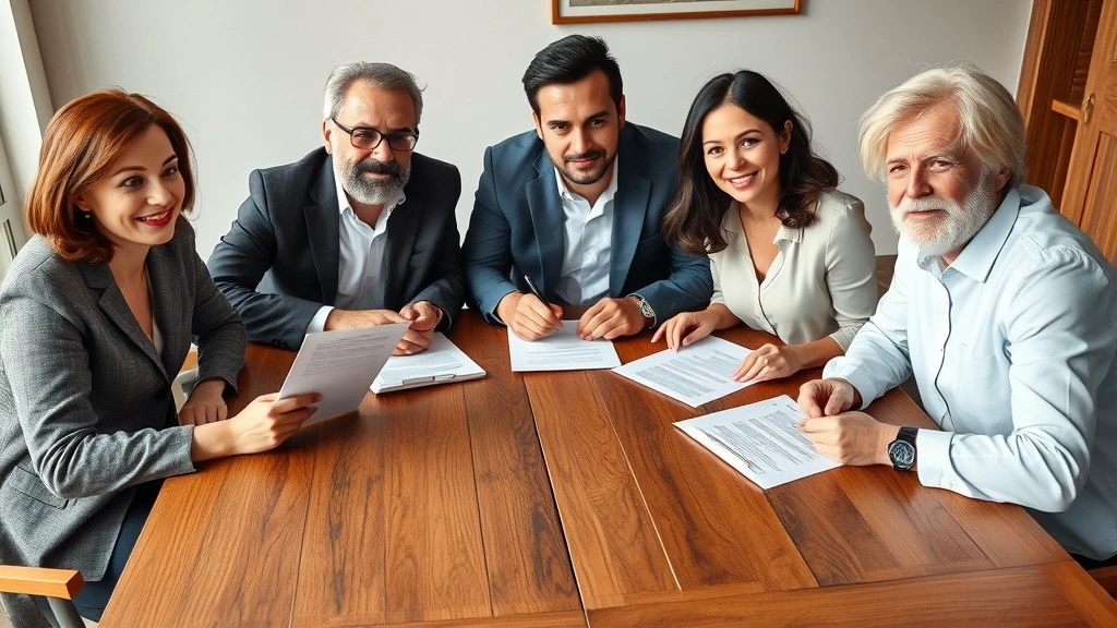 Diverse family of three adults and one child sitting at wooden table with legal documents, discussing inheritance with serious professional expressions, natural daylight