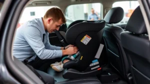 Professional photograph of a certified child passenger safety technician properly installing a rear-facing infant car seat in a sedan's back seat, showing correct positioning and LATCH system connection, indoor automotive training facility setting