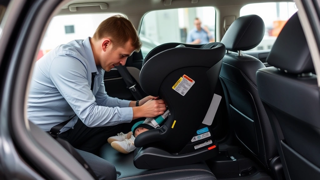 Professional photograph of a certified child passenger safety technician properly installing a rear-facing infant car seat in a sedan's back seat, showing correct positioning and LATCH system connection, indoor automotive training facility setting