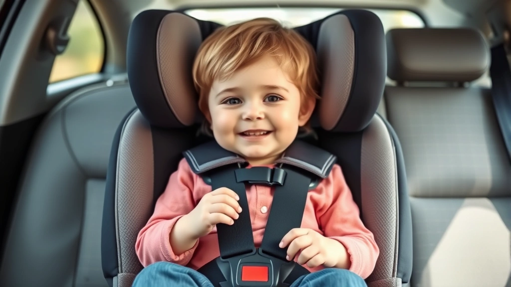 High-quality image of a young child safely secured in a forward-facing car seat with proper harness positioning, showing the five-point harness system engaged correctly across shoulders and lap, natural vehicle interior lighting
