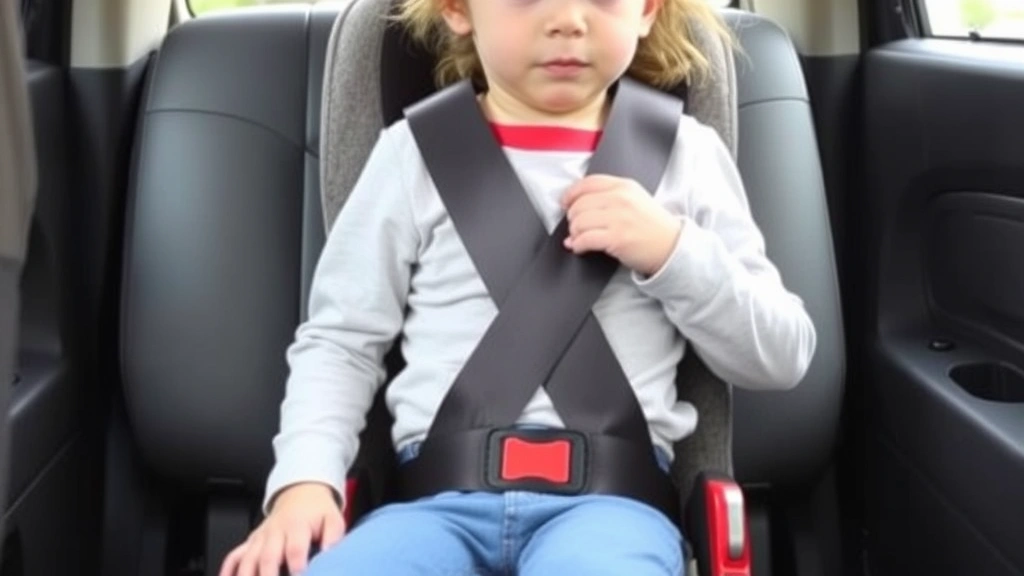 Detailed photograph showing a booster seat properly positioned in a vehicle seat with the lap belt and shoulder belt correctly aligned across a child's body, demonstrating proper belt routing and positioning for maximum safety