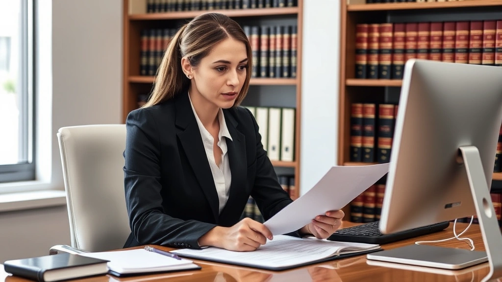 Professional female attorney in business suit reviewing legal documents at desk with computer, focused expression, Milwaukee office setting with law books in background