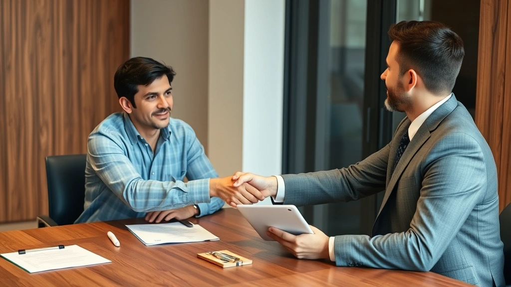 Male accident victim in casual clothing meeting with male attorney in professional suit at wooden conference table, shaking hands, papers and tablet visible, serious but hopeful expressions