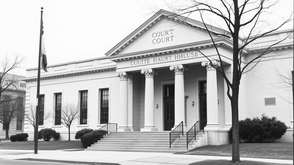Historical black and white photograph of 1960s civil rights era courthouse exterior, classical architecture, formal legal setting, no visible text or signage, professional documentation style