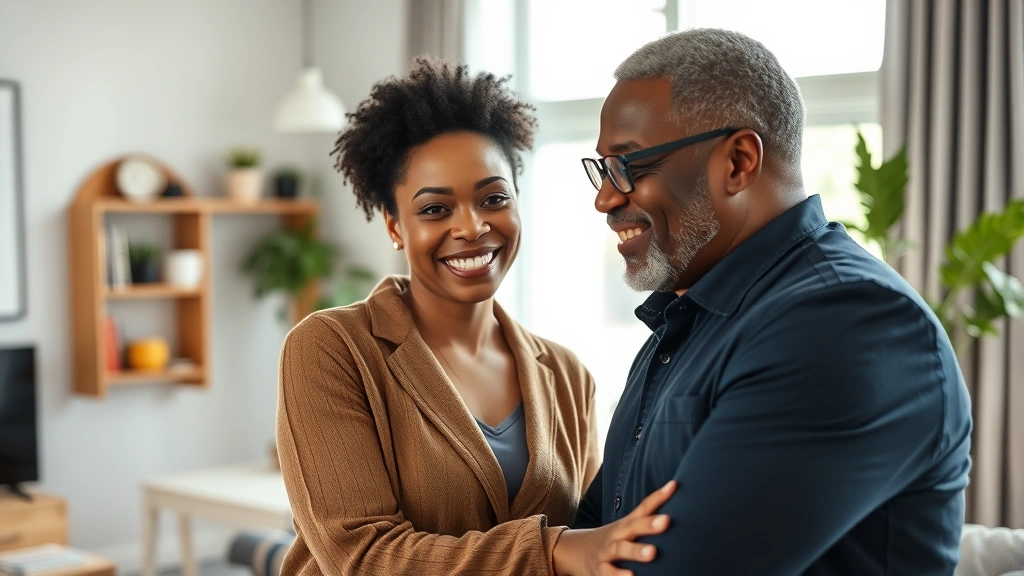 Professional portrait of diverse couple in modern home setting, genuine connection and warmth, natural lighting, contemporary interior design, intimate but respectful composition