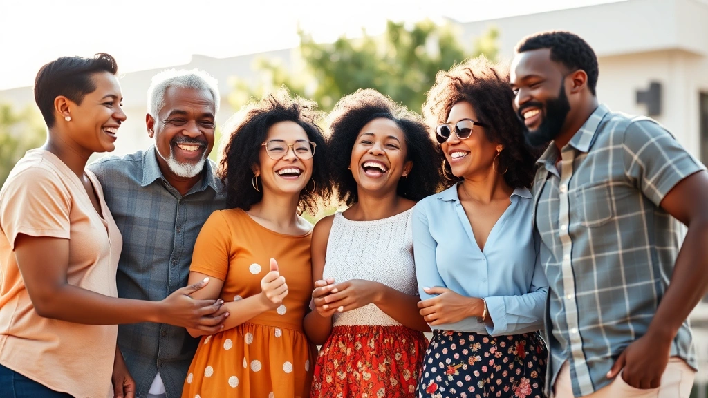 Modern diverse family celebrating together outdoors, genuine happiness, natural sunlight, contemporary setting with multiple generations, warm and inclusive atmosphere