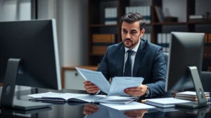 Professional male attorney in dark suit reviewing case documents at modern law office desk with computer monitor, serious focused expression, contemporary office background with legal books