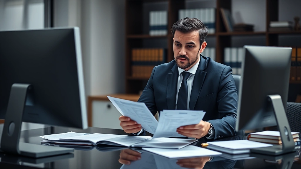 Professional male attorney in dark suit reviewing case documents at modern law office desk with computer monitor, serious focused expression, contemporary office background with legal books