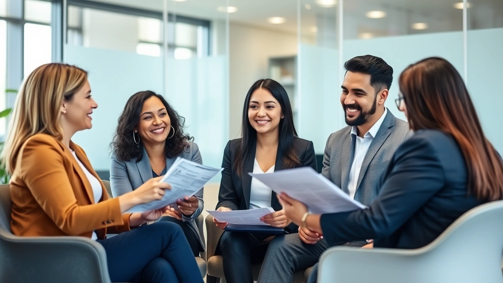Diverse group of three clients meeting with female attorney in professional office setting, reviewing settlement paperwork, smiling expressions showing satisfaction and trust during legal consultation