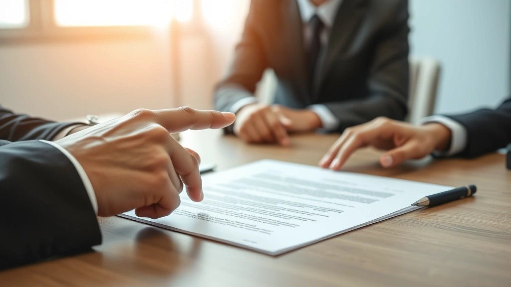 Close-up of attorney hands pointing to important sections in legal documents during client meeting, professional business attire visible, neutral office background with soft lighting