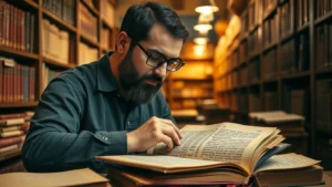 Professional scholar in academic library studying ancient Hebrew manuscripts and legal texts under warm lighting, surrounded by historical documents and leather-bound books, focused expression showing deep concentration