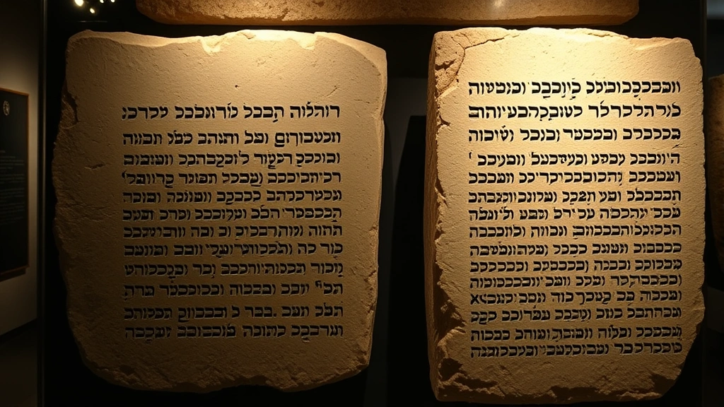 Ancient stone tablets carved with Hebrew letters displayed in museum setting with professional lighting, showing intricate legal inscriptions, archaeological preservation highlighting historical significance