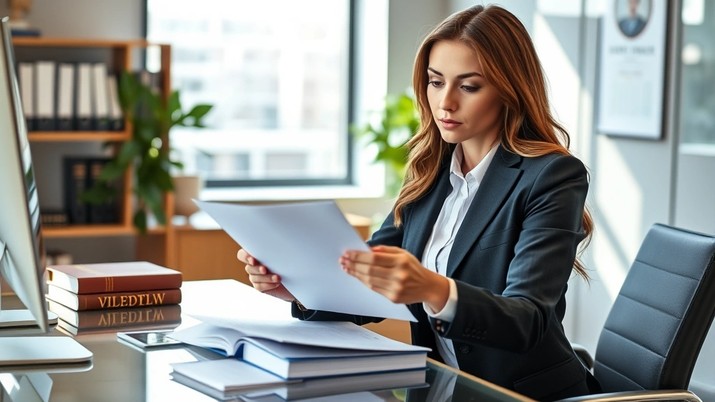 Professional female attorney in business suit reviewing legal documents at modern office desk with law books and computer, serious focused expression, natural lighting from window