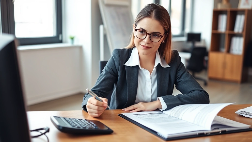 Professional woman in business attire reviewing documents at a wooden desk with a pen and calculator, natural office lighting, serious but approachable expression, modern workplace environment