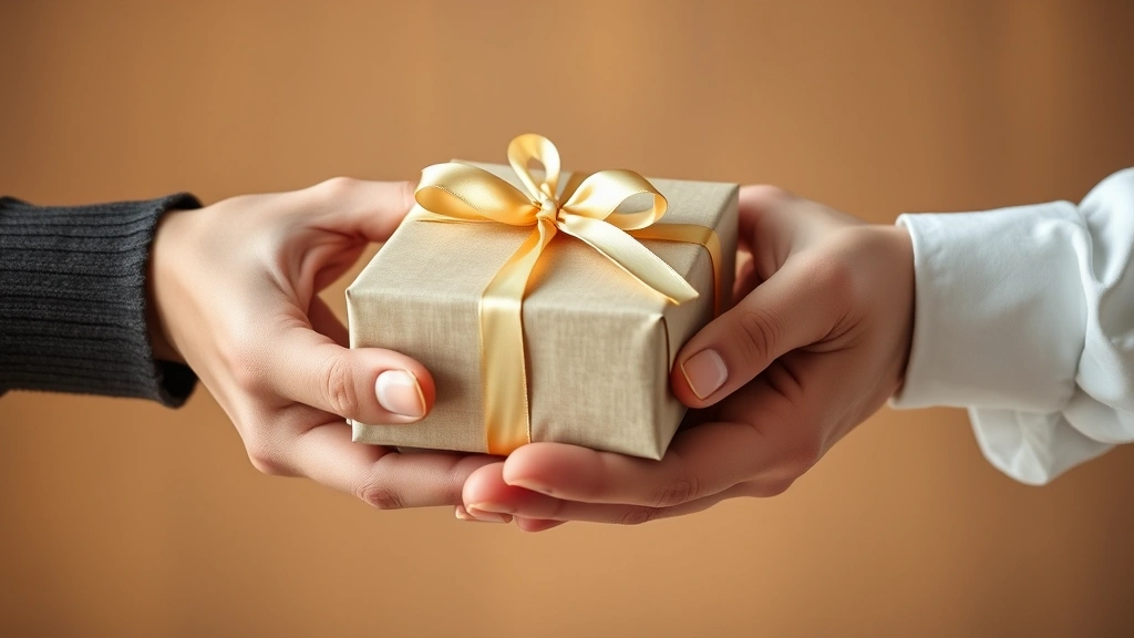 Close-up of hands exchanging an elegant wrapped gift box with ribbon, warm neutral background, professional presentation, genuine moment of generosity and care