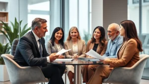 Professional legal consultation meeting between attorney and diverse family members discussing inheritance and family law matters in modern office setting