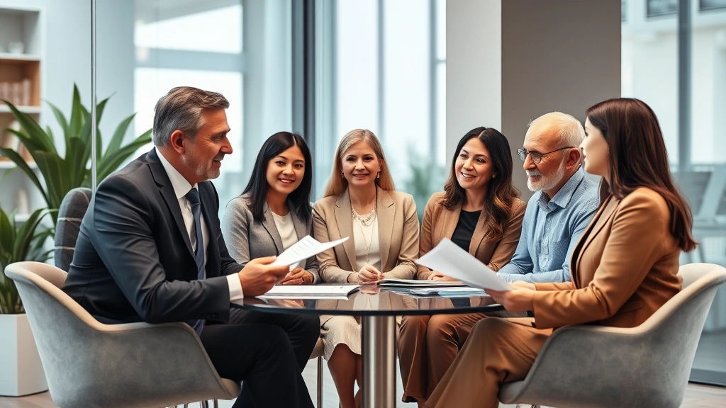 Professional legal consultation meeting between attorney and diverse family members discussing inheritance and family law matters in modern office setting