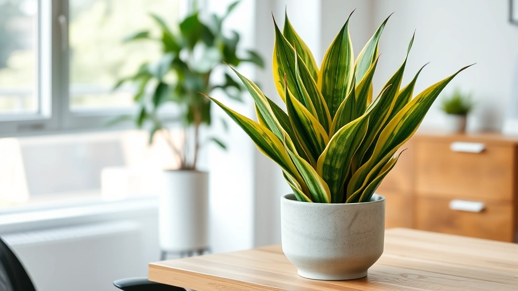 Professional photograph of a mature Sansevieria trifasciata mother-in-law plant in a ceramic pot on a wooden desk in a modern office setting, showing vibrant green and yellow variegated leaves, natural window lighting, clean background
