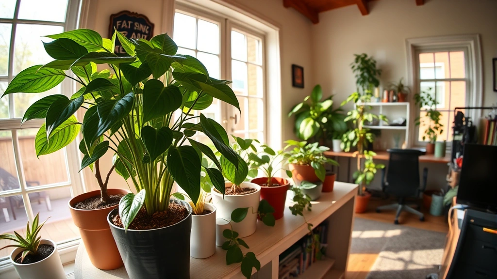 Wide-angle photograph of a home office or living room with multiple potted plants including a prominent mother-in-law plant on a shelf near windows, demonstrating plant care and indoor gardening, warm natural lighting