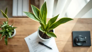 Professional overhead shot of snake plant (mother-in-law's tongue) in modern white ceramic pot on wooden desk with legal documents and pen, natural office lighting, clean minimalist aesthetic