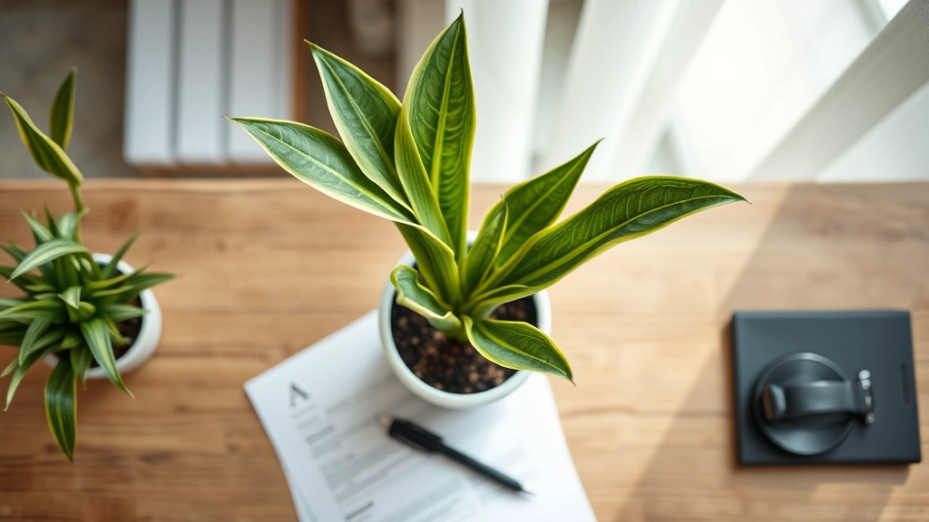 Professional overhead shot of snake plant (mother-in-law's tongue) in modern white ceramic pot on wooden desk with legal documents and pen, natural office lighting, clean minimalist aesthetic