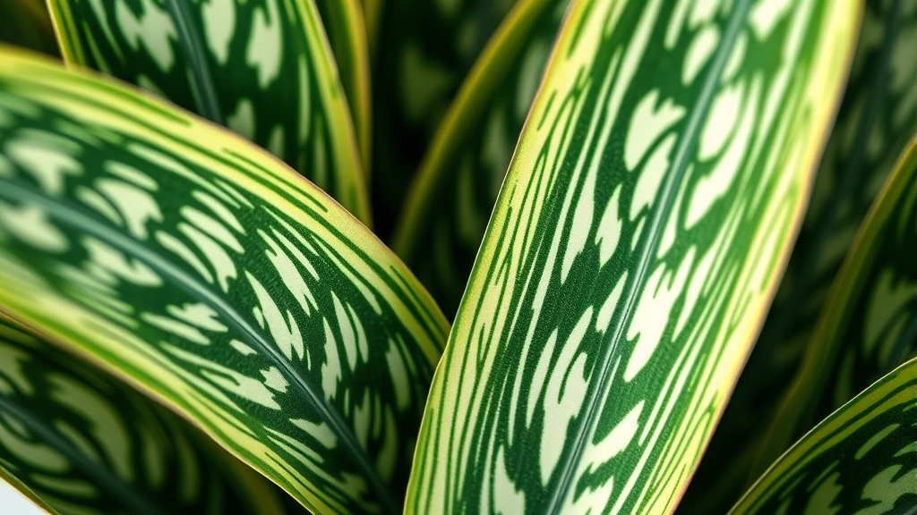 Close-up detail of snake plant leaves showing distinctive variegated pattern and texture, bright natural light, shallow depth of field, professional botanical photography style