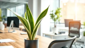 Professional office workspace with a thriving Sansevieria plant on a wooden desk near a window, natural sunlight illuminating the striped leaves, modern office furniture and computer visible, bright and clean environment