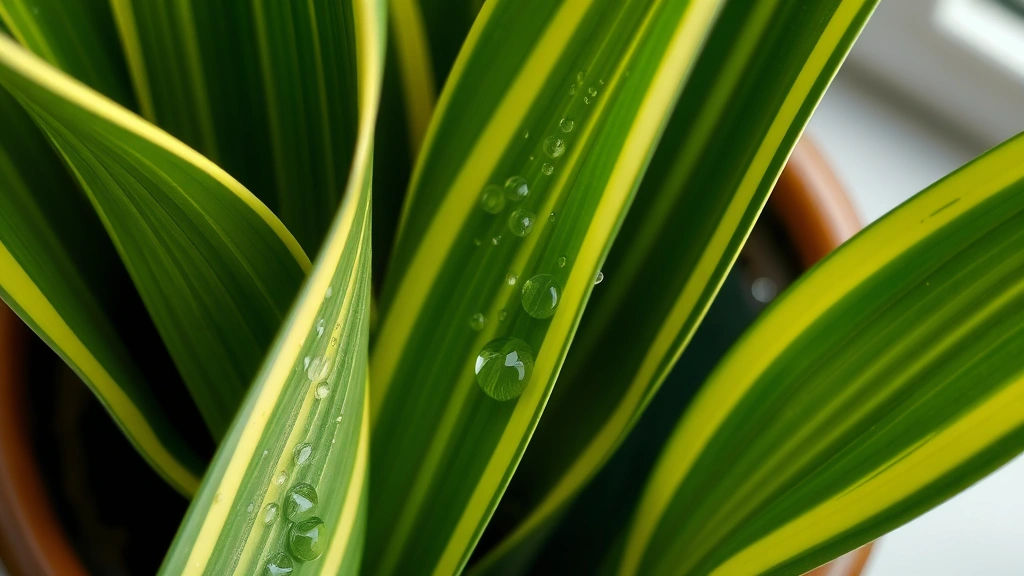 Close-up of healthy Sansevieria leaves showing vibrant green and yellow variegation, water droplets on leaf surface, plant in elegant ceramic pot with drainage holes, soft natural lighting highlighting leaf texture and pattern